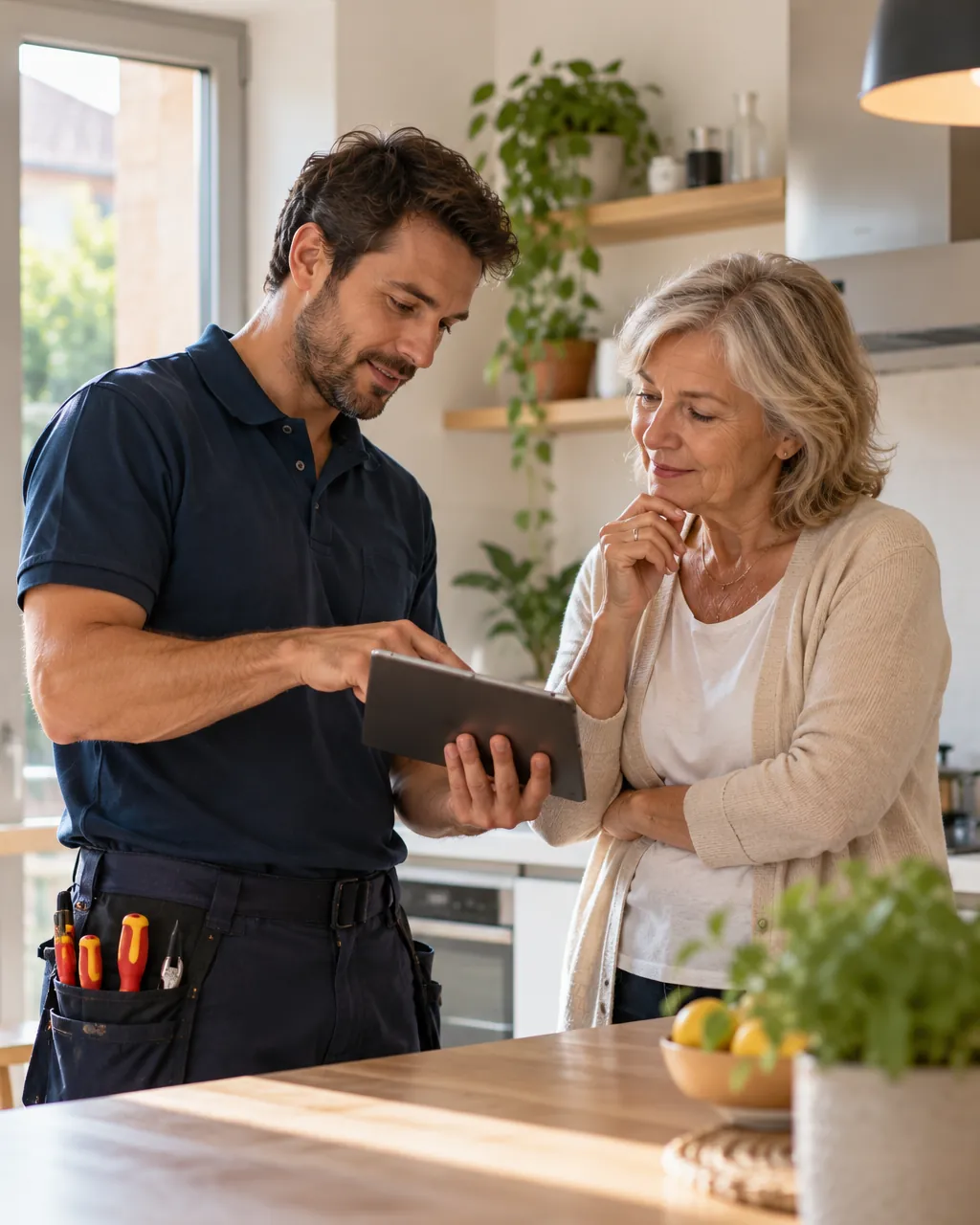 Elettricista che mostra un preventivo sul tablet a una cliente in cucina
