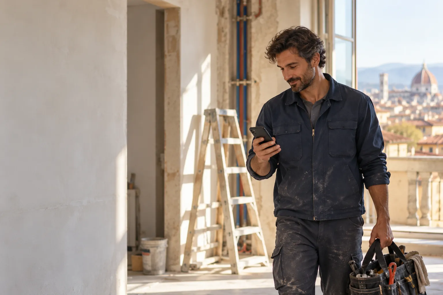 Idraulico in un appartamento in ristrutturazione che controlla lo smartphone