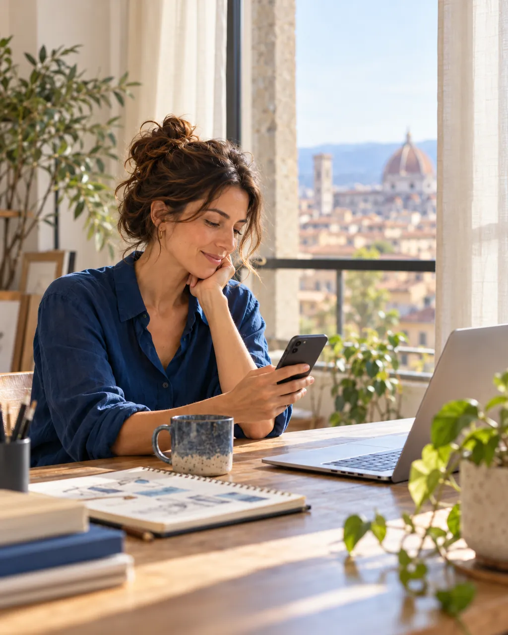 Libera professionista che legge lo smartphone nel suo studio di casa