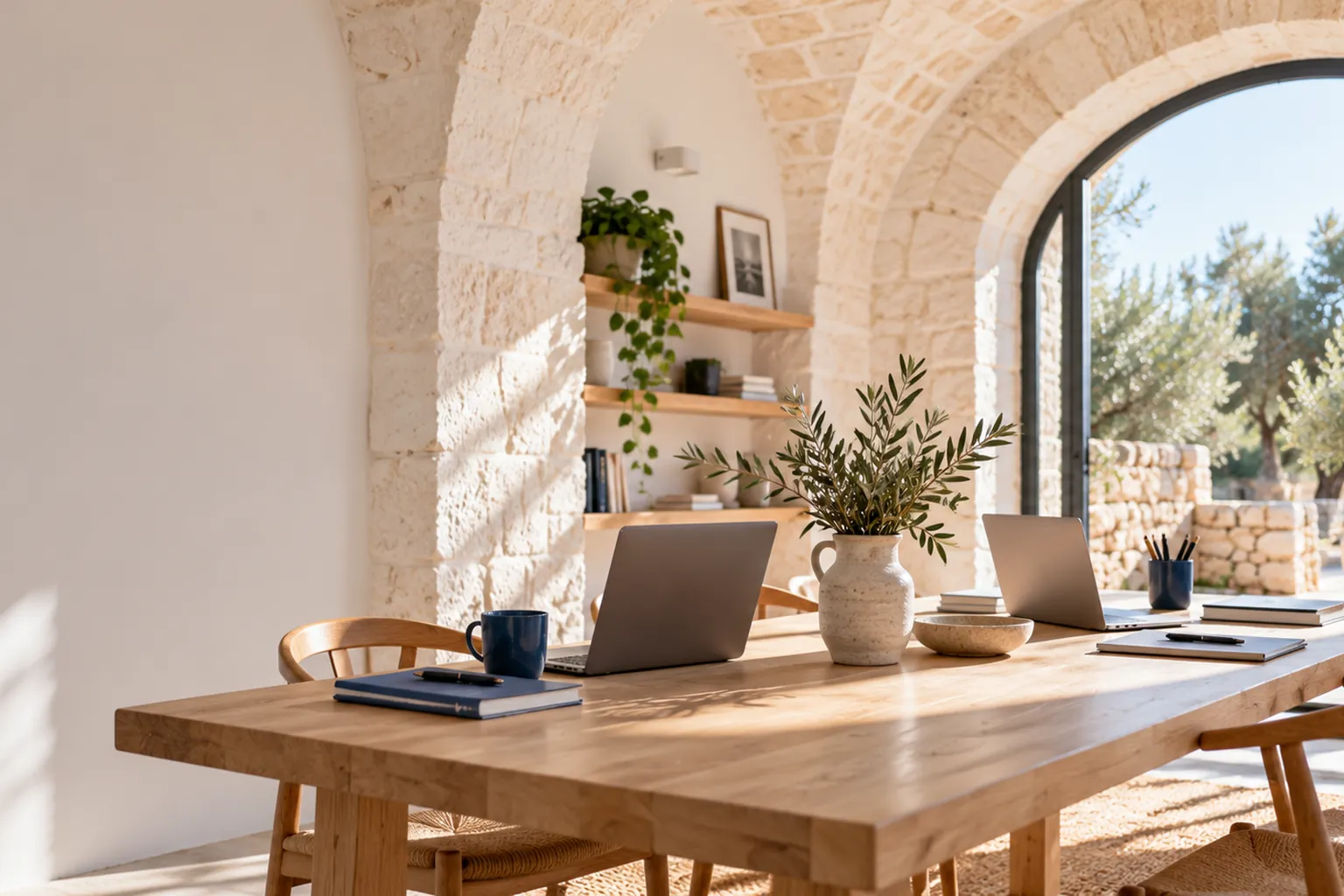 Ufficio luminoso in un edificio in pietra in Puglia, con un uliveto oltre la finestra