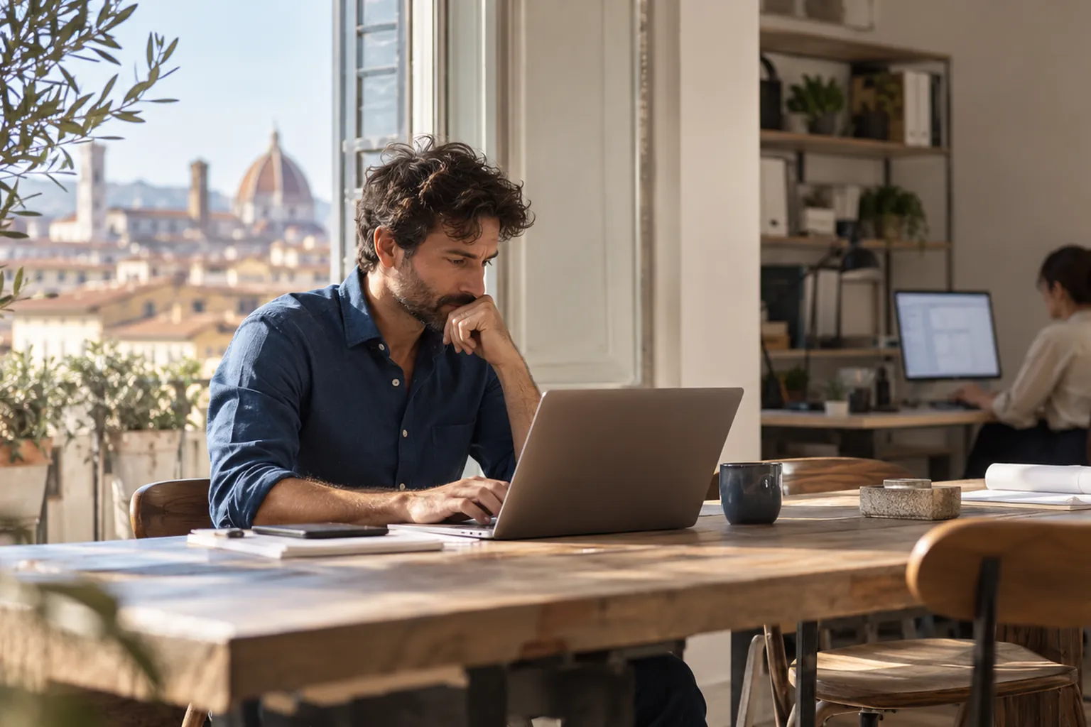 Titolare di una piccola impresa al lavoro sul portatile in uno studio luminoso