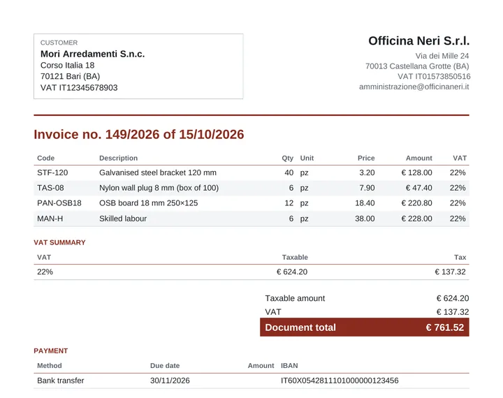 Courtesy copy of an invoice with the layout Bold