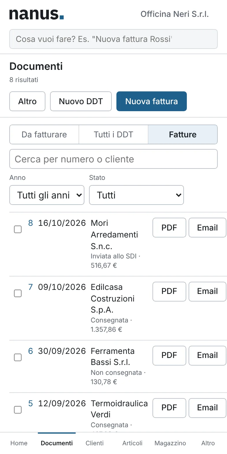 Elenco delle fatture con lo stato di consegna sullo smartphone