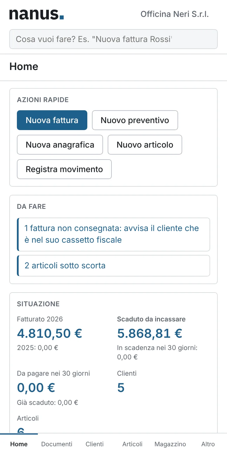 La pagina iniziale di Nanus sullo smartphone