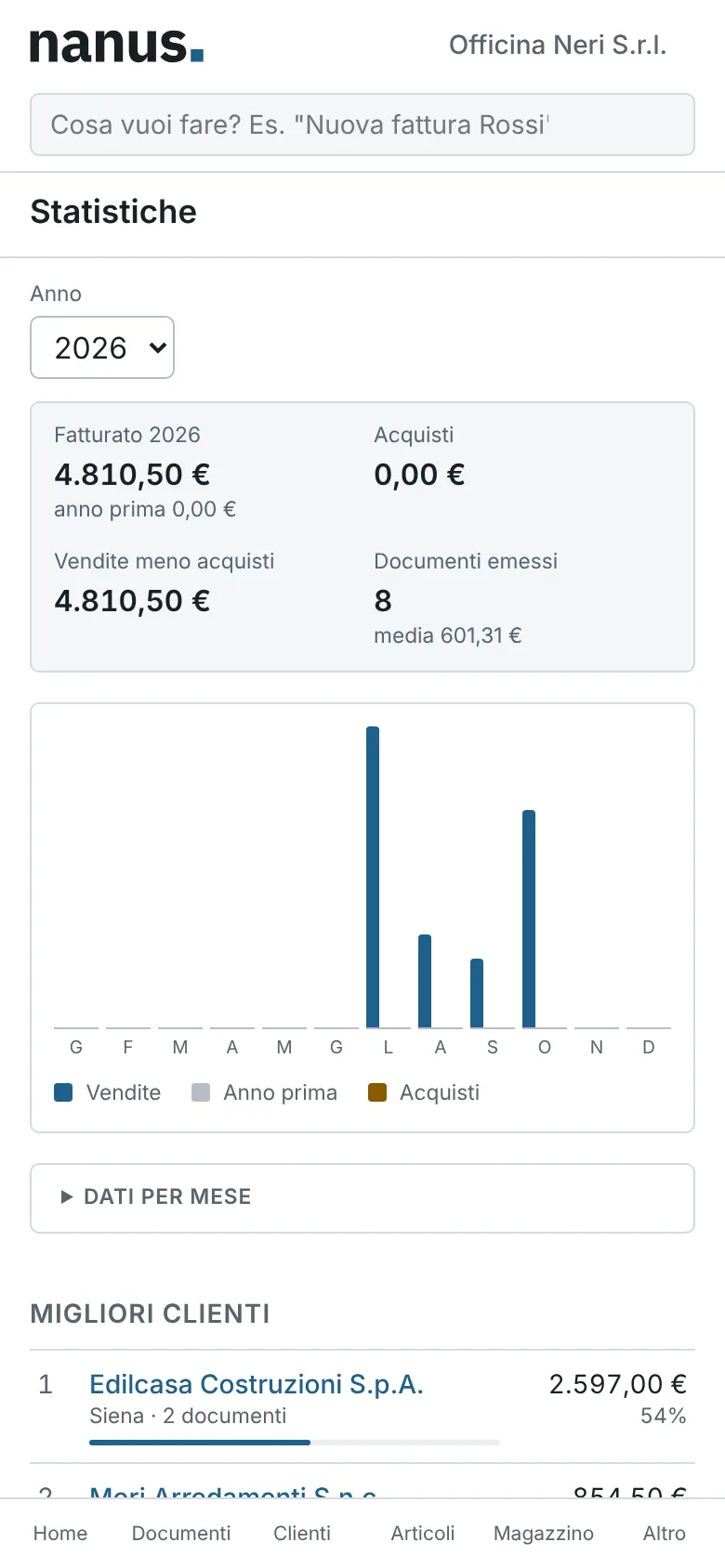 Statistiche del fatturato per mese sullo smartphone